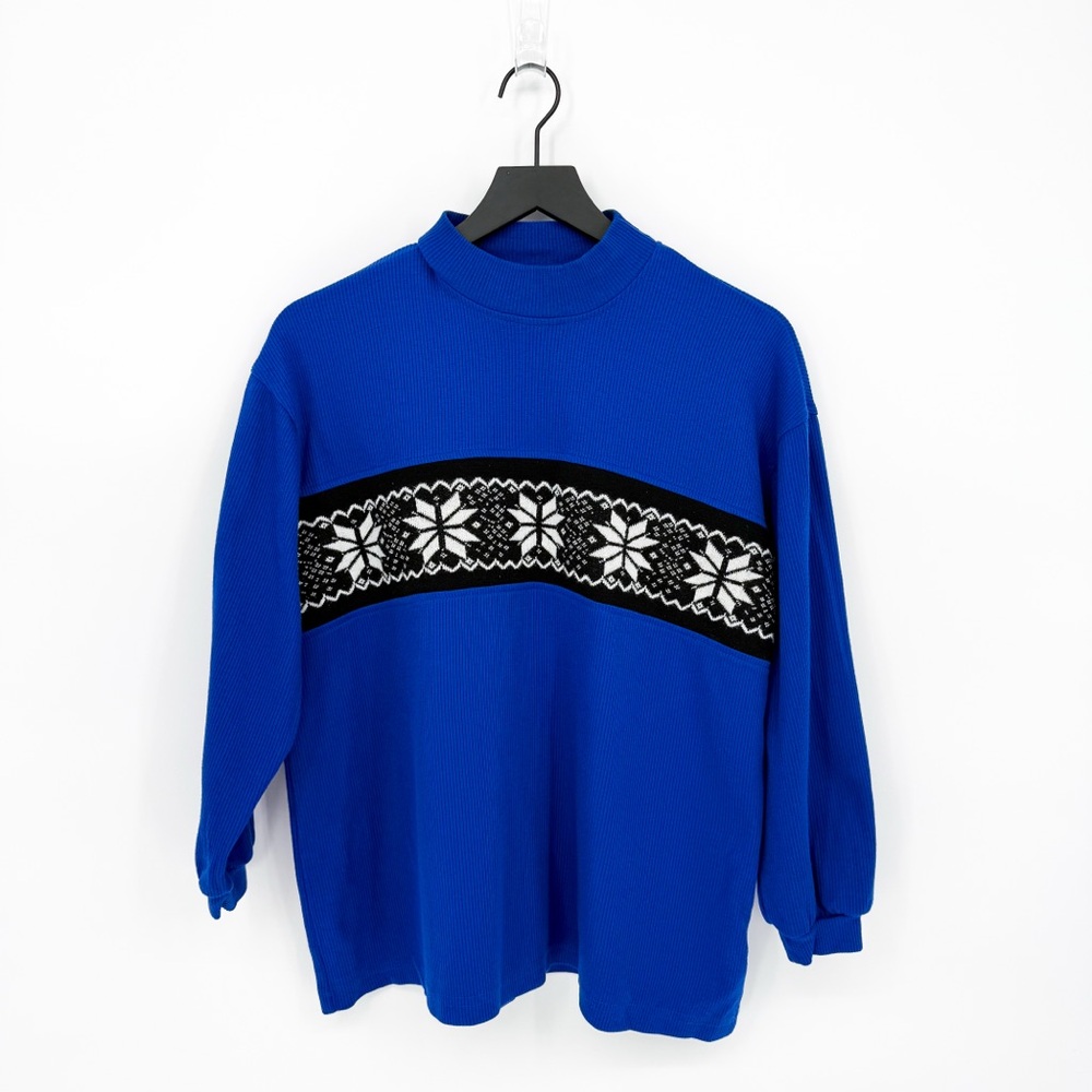 ☀️ 3/$25 Vintage Links Ribbed Fair Isle Mock Neck Sweater Cobalt Blue Medium